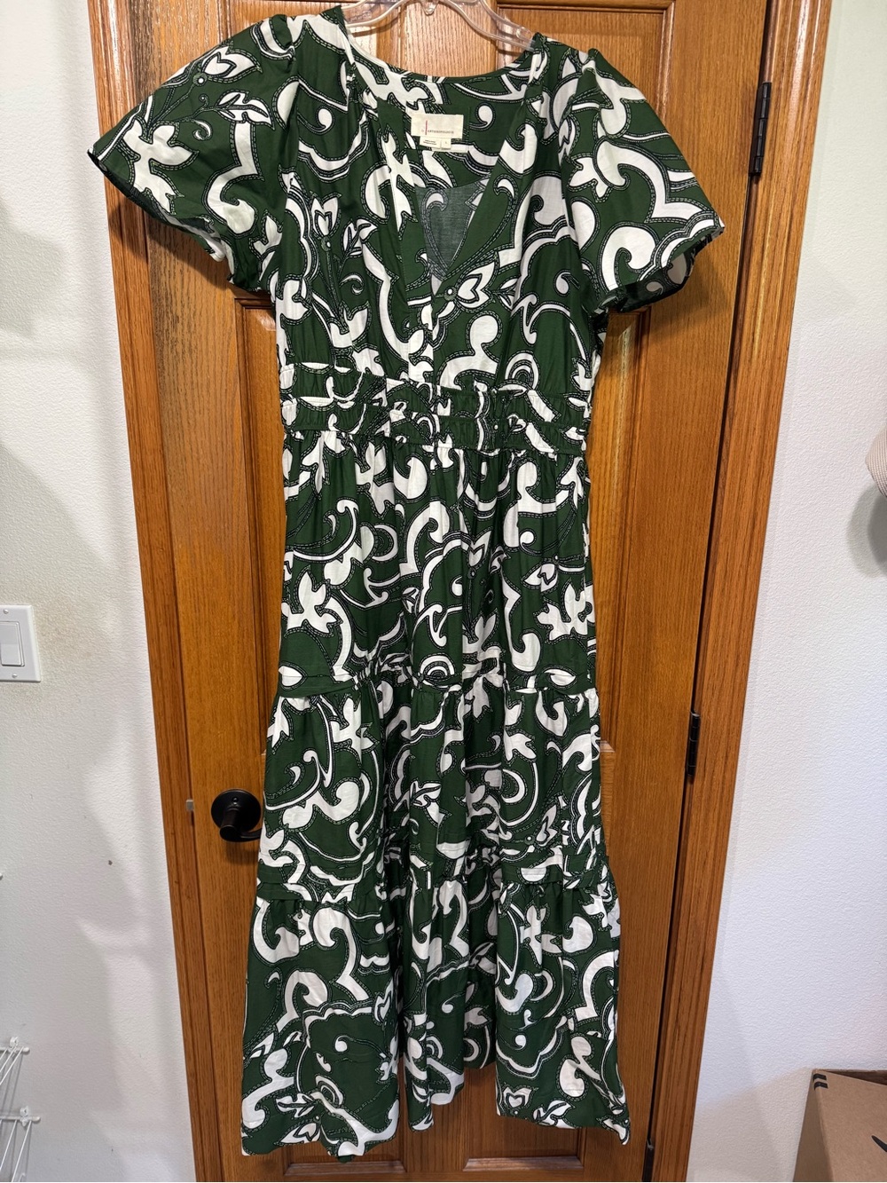 Anthropologie Dark Green and White Maxi Dress with Abstract Print